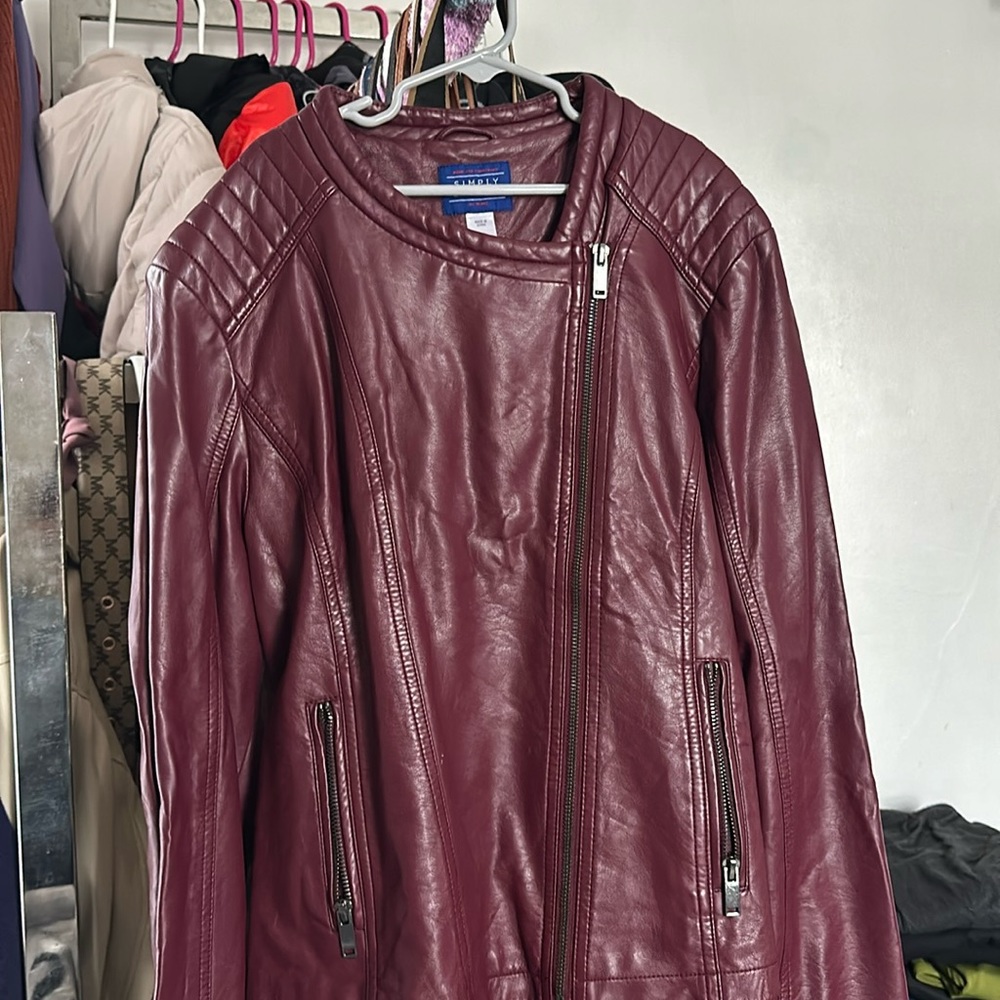 Burgundy leather jacket.